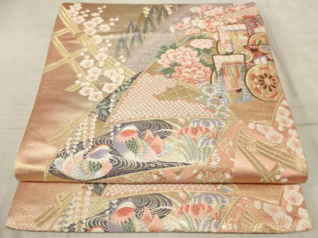 平和屋着物◎六通柄袋帯 唐織 遠山御車花文 金銀糸 正絹 逸品 AAAR1815sx