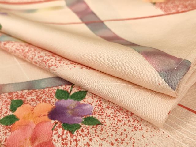 平和屋着物▽上質な小紋 単衣 変わり縞草花文 正絹 逸品 AAAT2844iu
