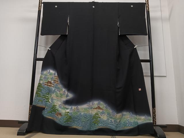 平和屋着物■豪華黒留袖　作家物　手描き　風景文　暈し染め　金彩　正絹　逸品　CAAU7134ua(4)