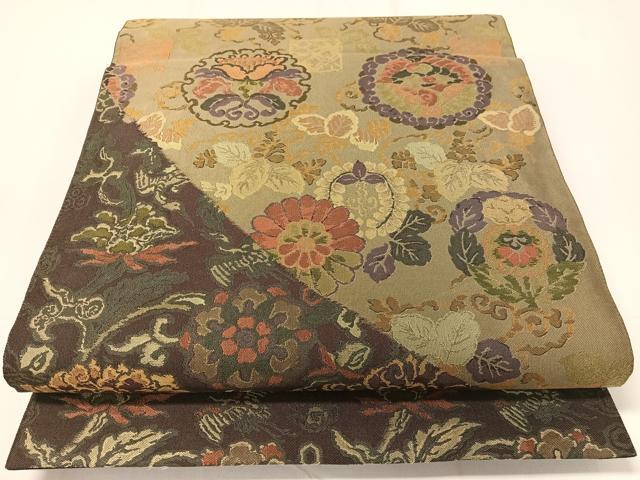 平和屋着物▼両面　六通柄袋帯　麹塵染　更紗花鳥丸文　正絹　逸品　CAAY0140vp