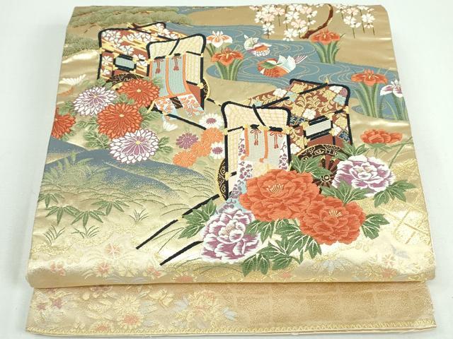 平和屋着物◎六通柄袋帯 唐織 御所車鴛鴦花松文 松竹梅 金糸 正絹 逸品 DAAT0102ob