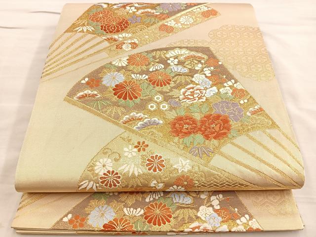 平和屋着物◎六通柄袋帯 唐織 扇面花鳥文 金糸 正絹 逸品 BAAL6412ea