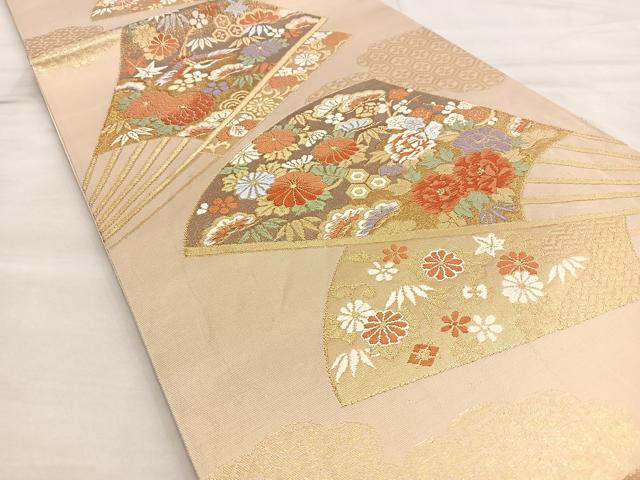 平和屋着物◎六通柄袋帯　唐織　扇面花鳥文　金糸　正絹　逸品　BAAL6412ea