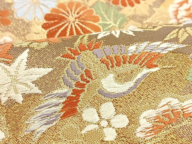 平和屋着物◎六通柄袋帯　唐織　扇面花鳥文　金糸　正絹　逸品　BAAL6412ea