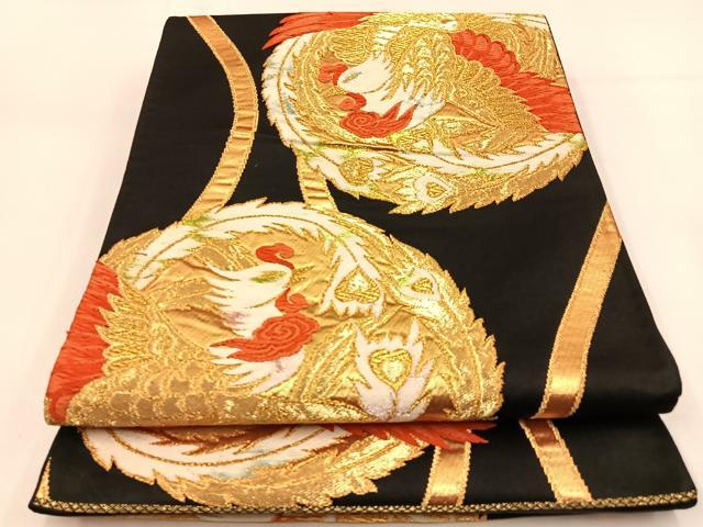 平和屋着物◎六通柄袋帯 唐織 鳳凰 黒地 金糸 正絹 逸品 BAAW0544hj