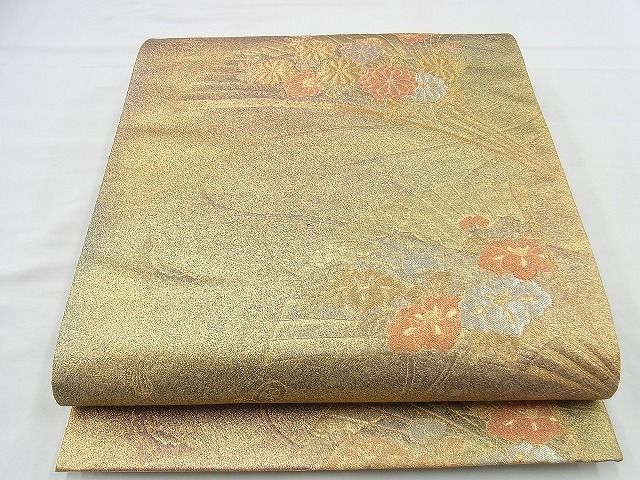 平和屋着物◎六通柄袋帯 作家物 扇面花文 金糸 逸品 BAAI4453jm