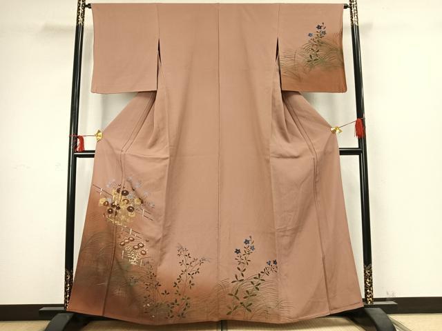 平和屋着物▽訪問着　単衣　手描き　草花文　暈し染め　金銀彩　正絹　逸品　AABC4019fy