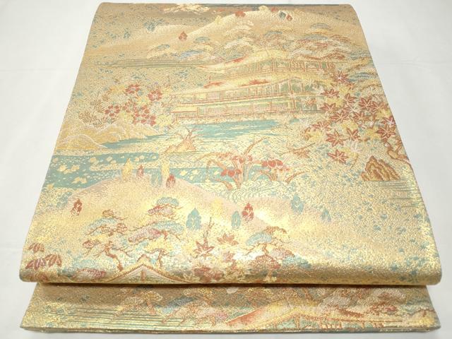 平和屋着物◎六通柄袋帯 風景花文 古代はく 金糸 正絹 逸品 未使用 CABA7715fb
