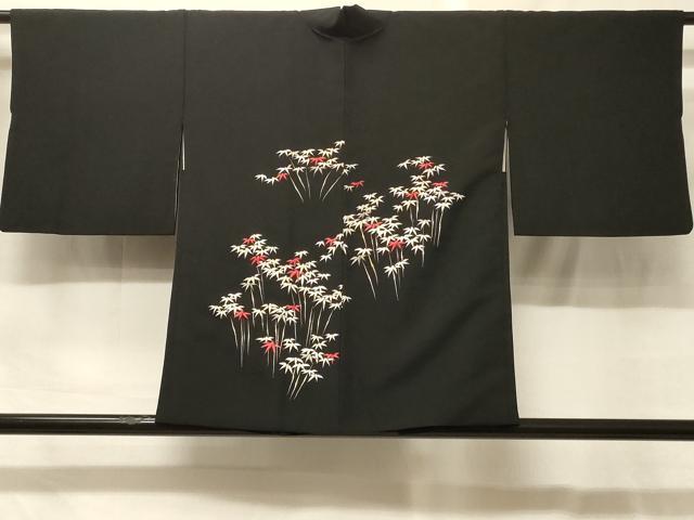 平和屋着物＃羽織　総刺繍　笹竹文　黒地　金銀糸　正絹　逸品　CABG8087in