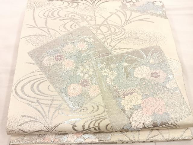 平和屋着物◎六通柄袋帯　唐織　色紙重ね孔雀花文　銀糸　正絹　逸品　BAAU4056mz