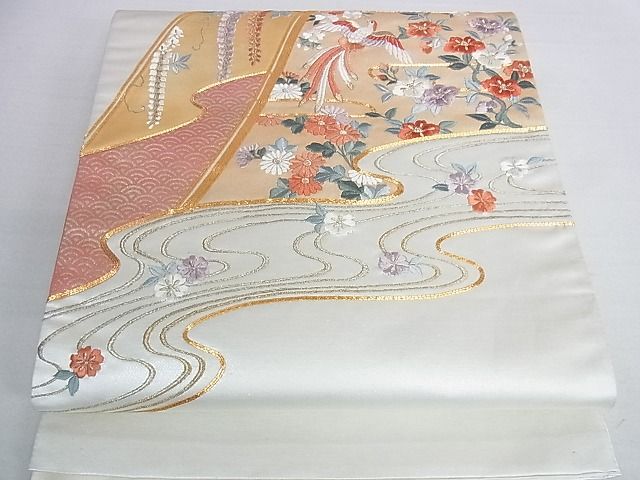 平和屋着物■太鼓柄袋帯　駒刺繍　流水花鳥文　金糸　逸品　DAAB4828ic