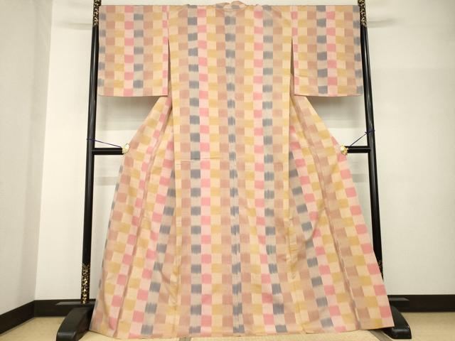 平和屋着物●上質な紬　市松文　正絹　逸品　AABH8812ck