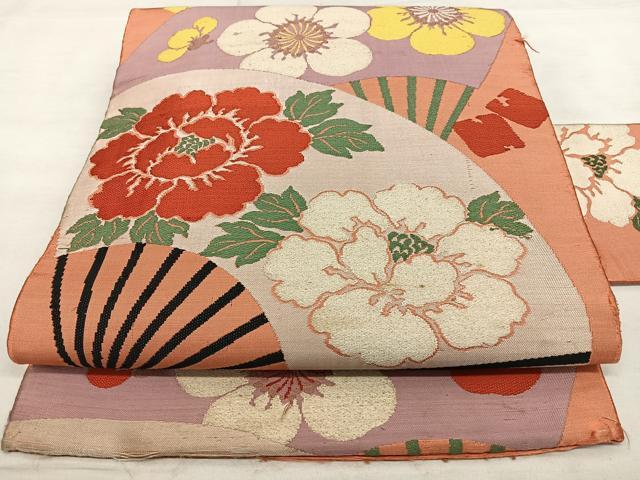 平和屋着物◎アンティーク　九寸名古屋帯　扇面花文　正絹　逸品　BAAX1659qw
