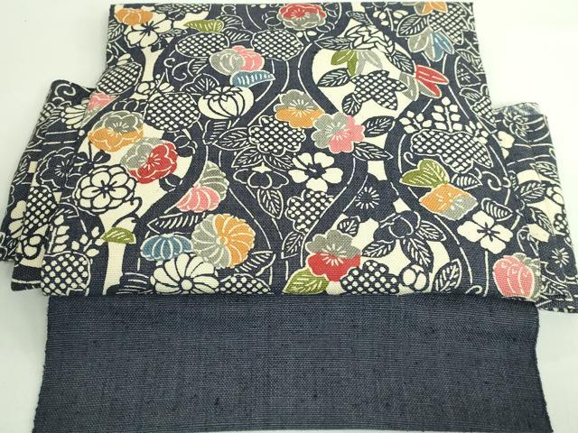 平和屋着物■極上 和染紅型 栗山紅型 栗山吉三郎 つけ帯 紬地 立涌花文 逸品 DZAB0024kh5