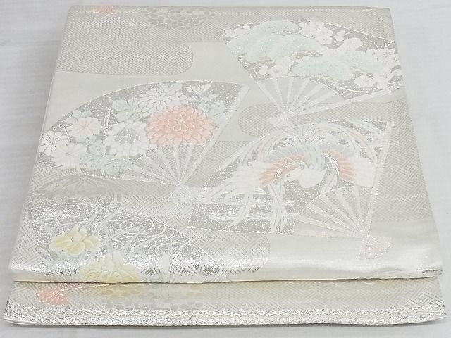 平和屋着物◎六通柄袋帯　唐織　扇面花鳥文　金銀糸　正絹　逸品　AAAI3316Abw