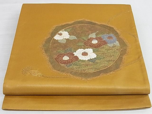 平和屋着物◎太鼓柄袋帯 相良刺繍 絵皿椿文 金糸 正絹 逸品 AAAI3305Abw