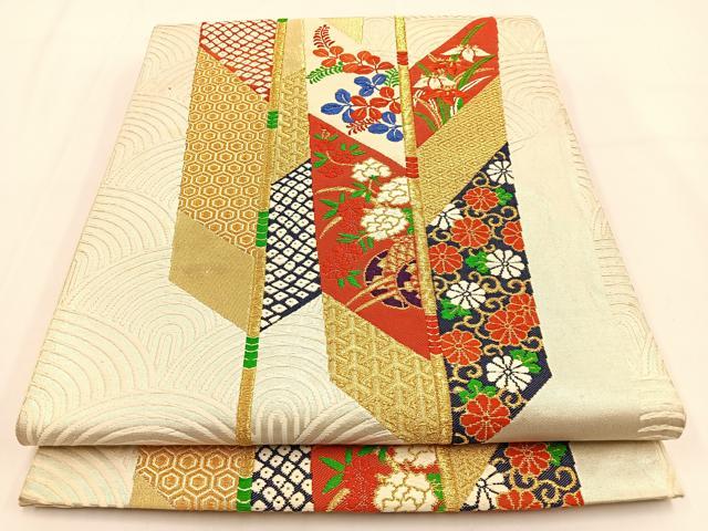 平和屋着物◎六通柄袋帯　唐織　矢羽花文　金銀糸　正絹　逸品　BAAV2864hj
