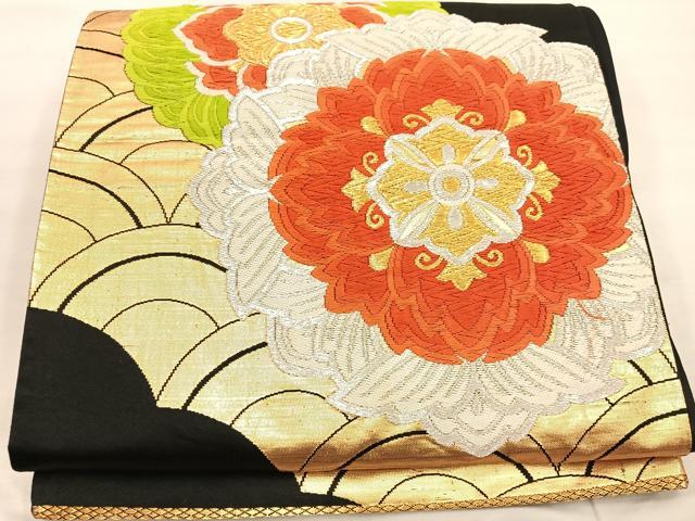 平和屋着物◎六通柄袋帯　唐織　青海波花文　黒地　金銀糸　正絹　逸品　BAAU4060mz