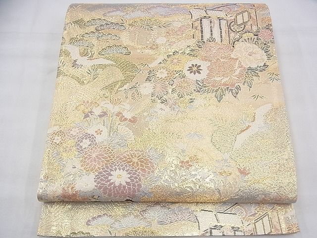平和屋着物◎六通柄袋帯　飛鶴御所車花文　金糸　逸品　BAAH8368fk