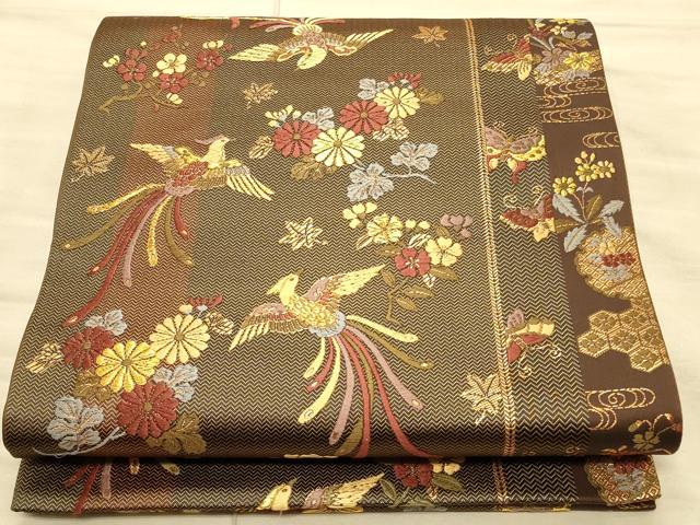 平和屋着物◎六通柄袋帯　　尾長鳥花文　金糸　正絹　逸品　CAAT0260ft
