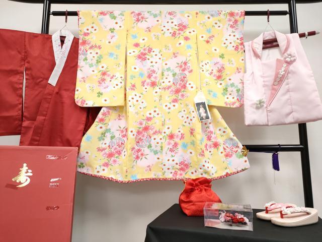 平和屋本店■極上　七五三　女の子　3歳　祝着・長襦袢（半衿付）・被布・草履・巾着・髪飾り　6点セット　鞠花文　箱付き　逸品　CYAA1968