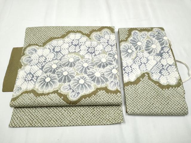 平和屋着物●名門　藤娘きぬたや・総絞り　つけ帯　雲取り花文　正絹　逸品　CABD0499hy