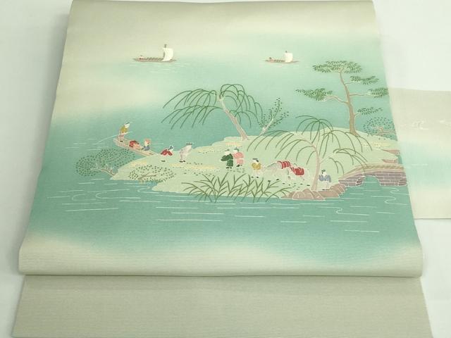 平和屋着物■極上　本加賀友禅作家　村上堅正　塩瀬　九寸名古屋帯　人物風景文　逸品　DZAA9532kh5