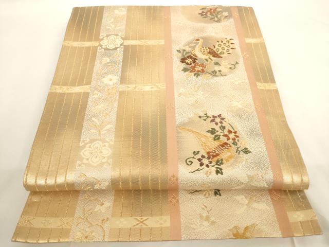 平和屋着物◎六通柄袋帯　孔雀花文　金糸　正絹　逸品　AAAM9561jx