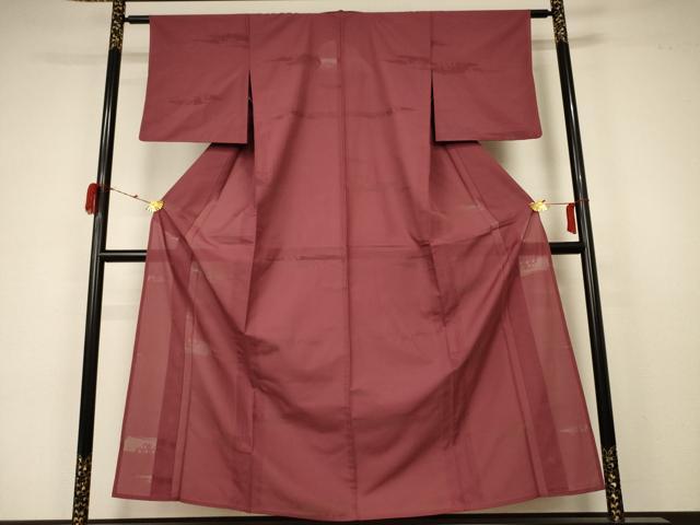 Summer Wear - 平和屋着物＊夏物　色無地　縦絽　小豆色　正絹　逸品　AABA6536jd