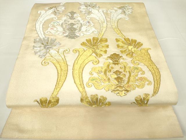 平和屋着物▼九寸開き名古屋帯　総刺繍　駒刺繍　飾花文　金銀糸　正絹　逸品　DAAX3362az