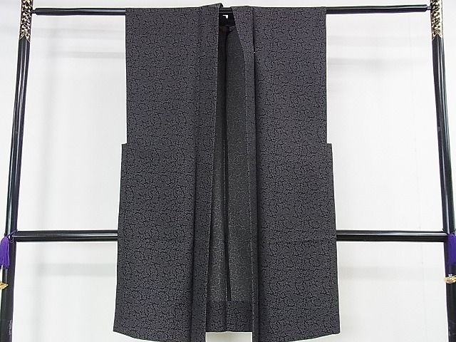 平和屋本店■極上　男性　袖なし羽織　単衣　お召地　花唐草文　黒地　逸品　DZAA1454kh4