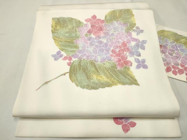 平和屋着物●塩瀬　九寸名古屋帯　手描き　刺繍　紫陽花　正絹　逸品　CAAT8022hy