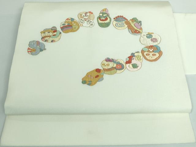 平和屋本店■極上 塩瀬 九寸名古屋帯 総刺繍 十二支 蒸栗色地 金糸 逸品 DZAA5329kh5