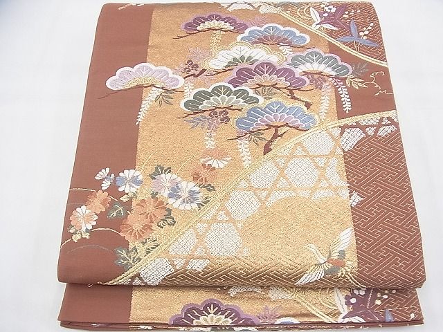 平和屋着物◎六通柄袋帯　唐織　飛鶴草花文　金糸　逸品　BAAH5935fk