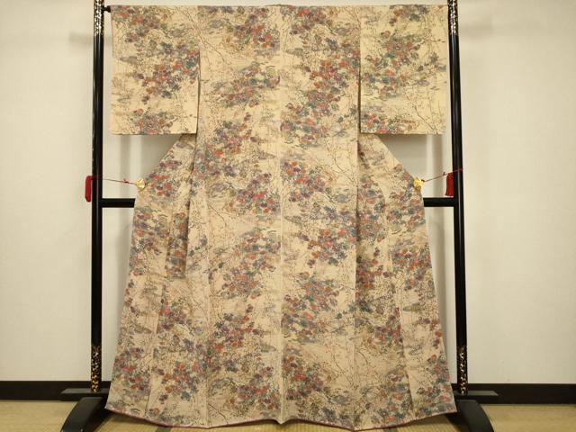 平和屋着物■上質な小紋　流水花鳥文　鬼しぼ縮緬　正絹　逸品　AABB8903sx