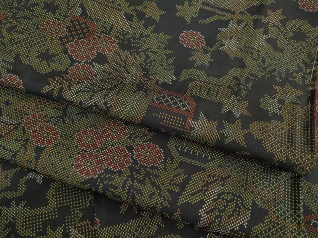 平和屋着物●本場大島紬　一元7マルキ　花籬文　黒地　正絹　逸品　AABB7329ck