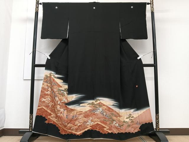 Uramono - 平和屋着物■豪華黒留袖　渡橋人物船文　金彩　正絹　逸品　CABG6872xi