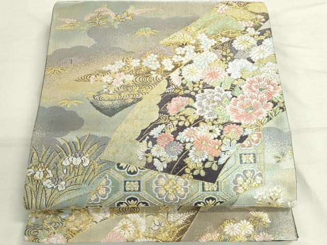 平和屋着物▼六通柄袋帯　地紙草花文　金銀糸　正絹　逸品　DAAS7435xg