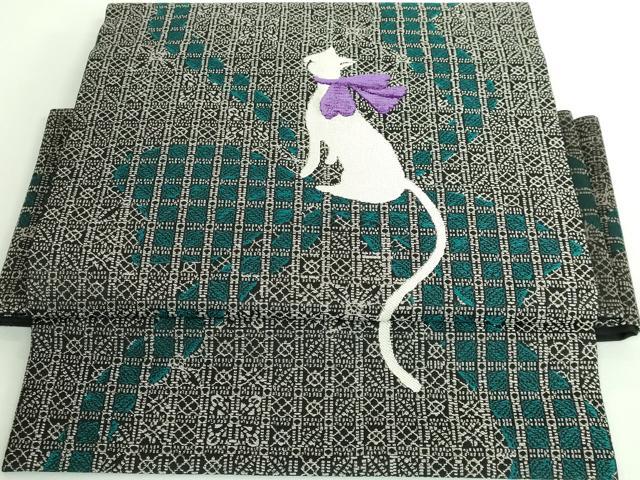 平和屋着物■極上　ワンタッチつけ帯　モール　白猫　リボン　黒地　さが美扱い　逸品　DZAB0025kh5