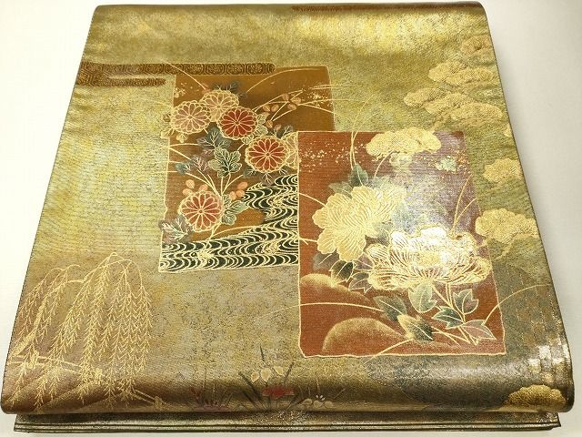 平和屋着物■六通太鼓柄袋帯 色紙重ね流水草花文 金彩 引箔 逸品 CAAG3079eg
