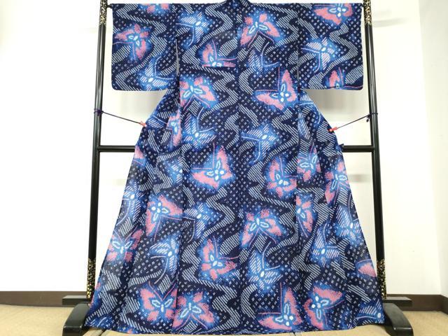 平和屋着物∴夏物　浴衣　有松鳴海絞り　流水舞蝶文　綿　逸品　DABI3482cd