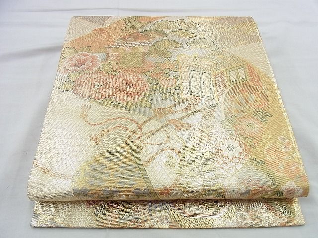 平和屋着物◎佐賀錦　六通柄袋帯　御所車花文　金糸　逸品　BAAH2912jm　(4)