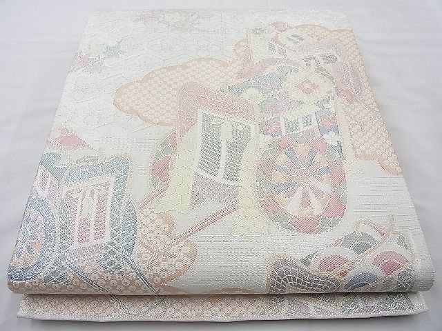 平和屋着物◎佐賀錦　六通柄袋帯　御所車花文　900織　金銀糸　逸品　BAAI6330cm