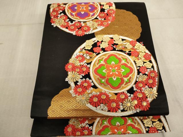 平和屋着物∵子供 全通柄袋帯 唐織 正倉院花文 黒地 金糸 逸品 AABE2178ja
