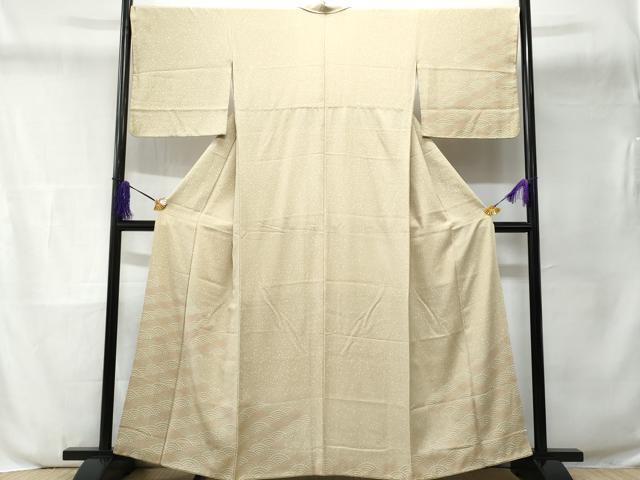 平和屋着物▽上質な小紋　単衣　笹の葉青海波　老竹色　正絹　逸品　BAAT9091yc 平和屋着物▽上質な小紋 単衣 絞り 青海波 正絹 逸品 CABF7739th