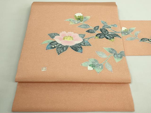 平和屋着物●極上　人間国宝・羽田登喜男　九寸名古屋帯　枝花文　伽羅色地　鬼しぼ縮緬　逸品　DZAB2038kh6