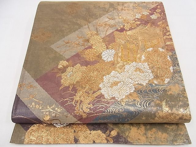 平和屋着物◎六通柄袋帯　御所車花文　金糸　引箔　正絹　逸品　AAAF5647Asg