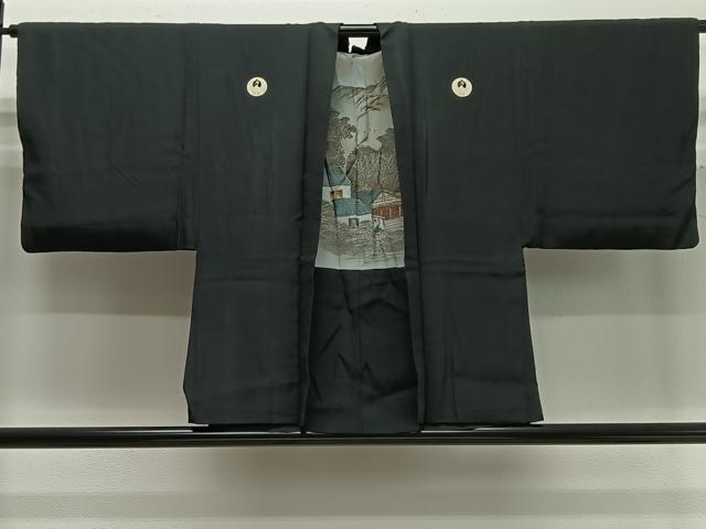 平和屋着物∞男性 羽織 黒紋付 羽裏：風景文 正絹 逸品 CABD4424ua