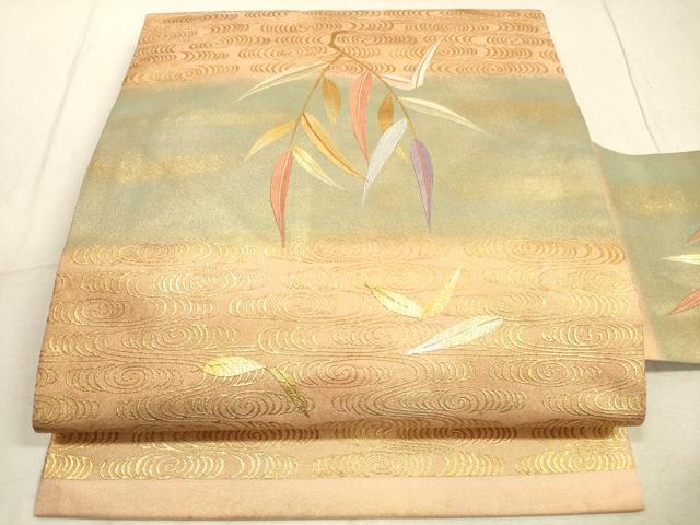 平和屋着物◎九寸名古屋帯　刺繍　流水笹葉文　金銀彩　正絹　逸品　DABB8304xg