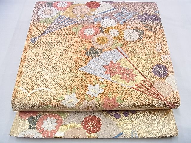 平和屋着物◎佐賀錦 六通柄袋帯 扇面散らし草花文 金糸 逸品 BAAH4678th